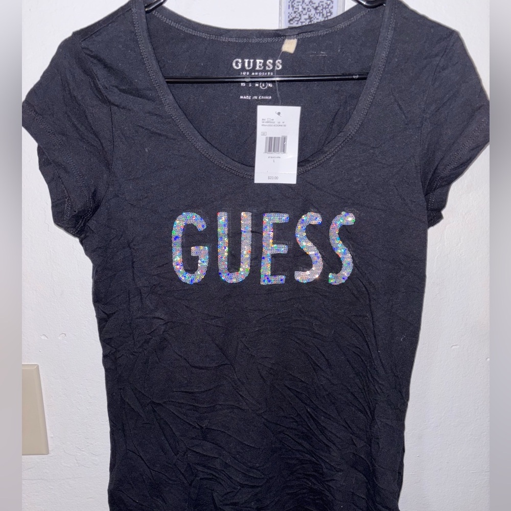 GUESS Women's Glitter Logo Black Tee